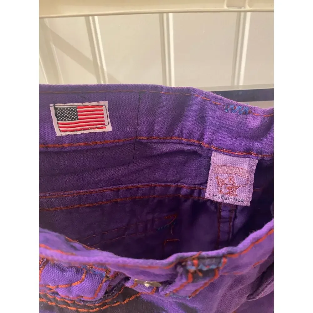 True Religion Urban Cow Billy Purple Wash Distressed Denim Jean Shorts Sz 34 - Picture 7 of 8